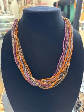 Multistrand Orange and Purple Seed Bead Necklace by